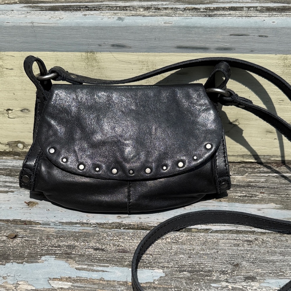 Lucky Brand Black Leather Crossbody Bag Small Studded Biker Boho Hippie Purse